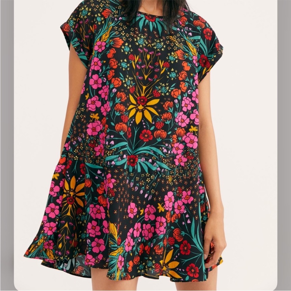 Free People Strawberry Fields Mini Dress Black Pink XS | Boho